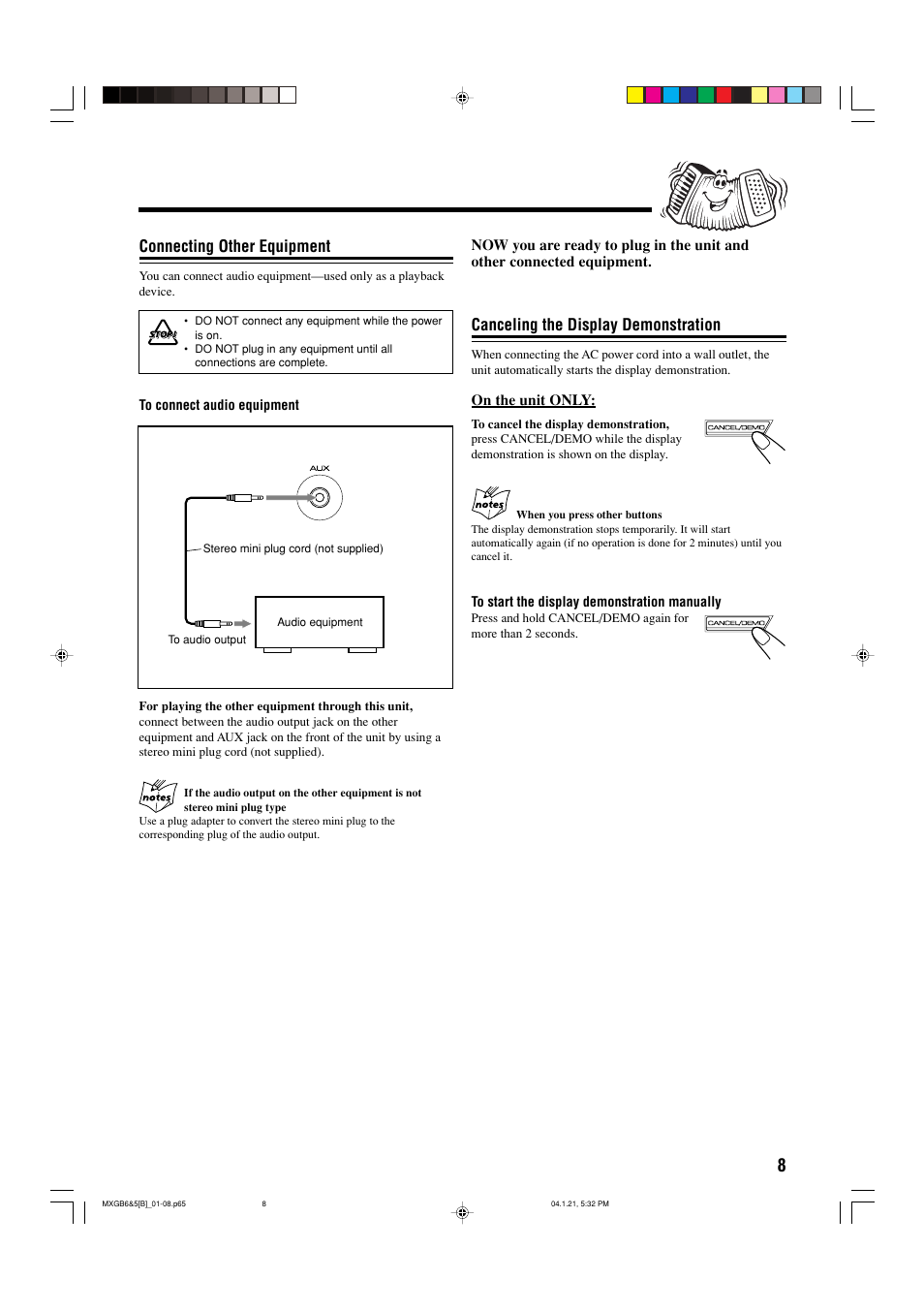 Connecting other equipment, Canceling the display demonstration | JVC CA-MXGB6 User Manual | Page 11 / 36