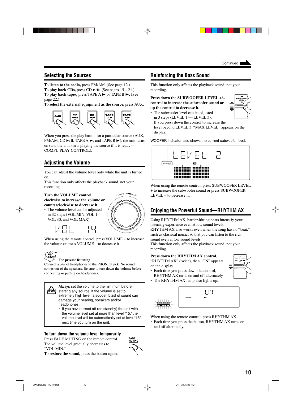 Reinforcing the bass sound, Enjoying the powerful sound—rhythm ax, Selecting the sources | Adjusting the volume | JVC CA-MXGB6 User Manual | Page 13 / 36