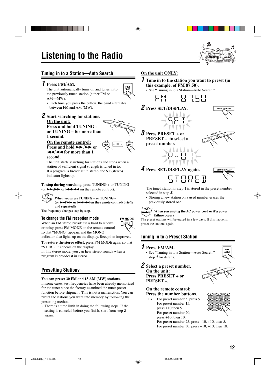 Listening to the radio | JVC CA-MXGB6 User Manual | Page 15 / 36