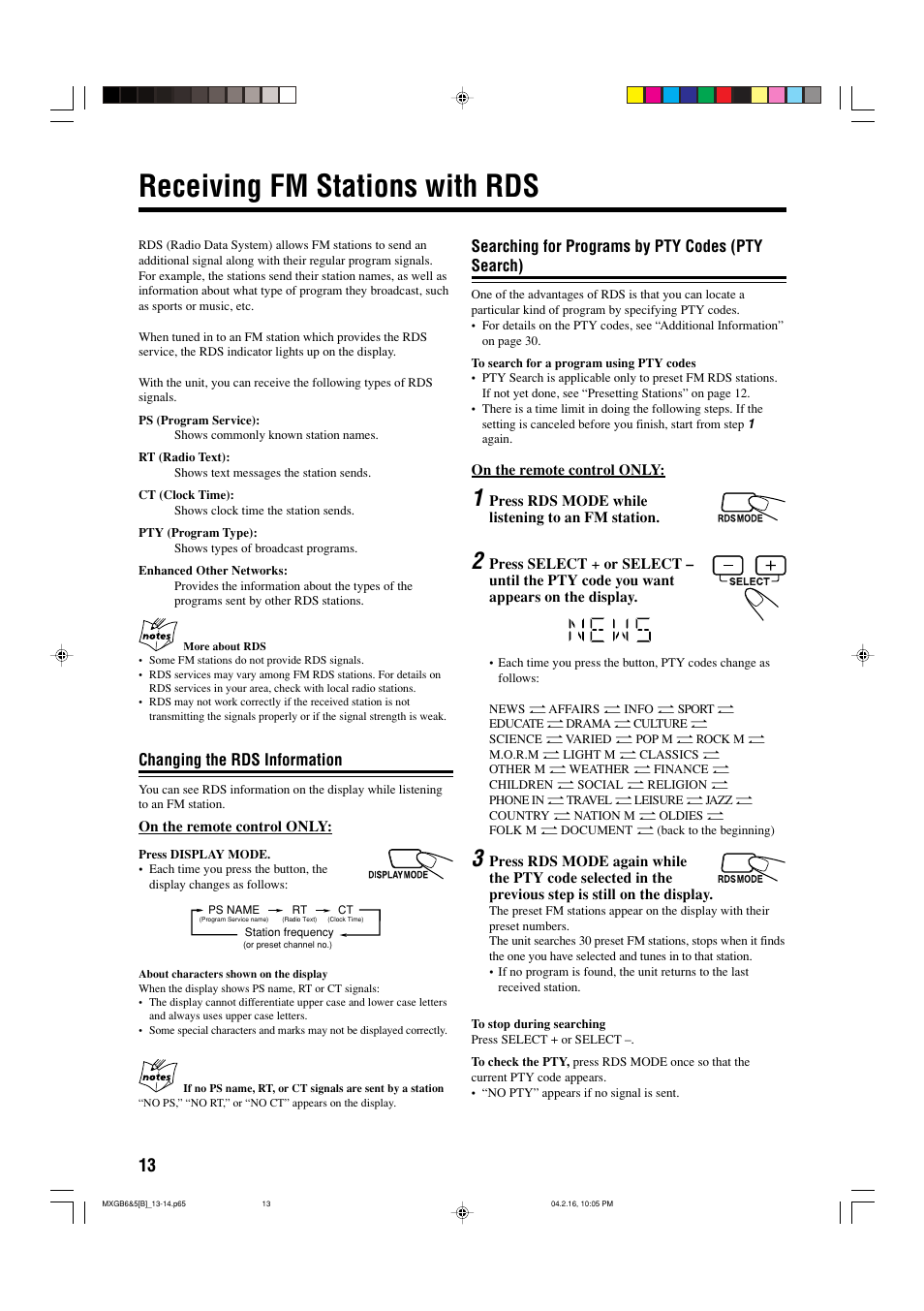 Receiving fm stations with rds, Searching for programs by pty codes (pty search), Changing the rds information | JVC CA-MXGB6 User Manual | Page 16 / 36