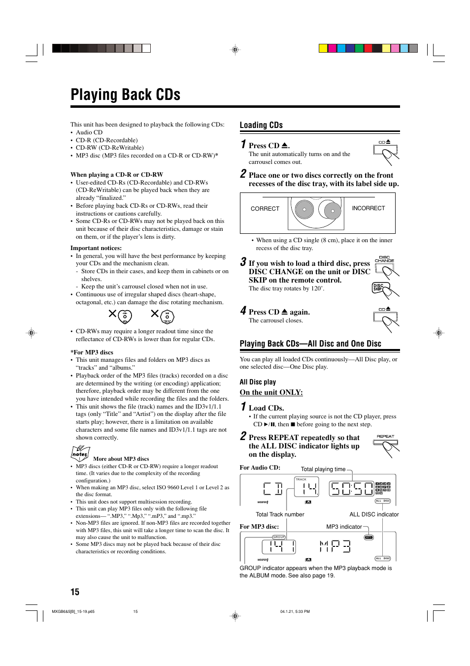 Playing back cds, Loading cds, Playing back cds—all disc and one disc | JVC CA-MXGB6 User Manual | Page 18 / 36