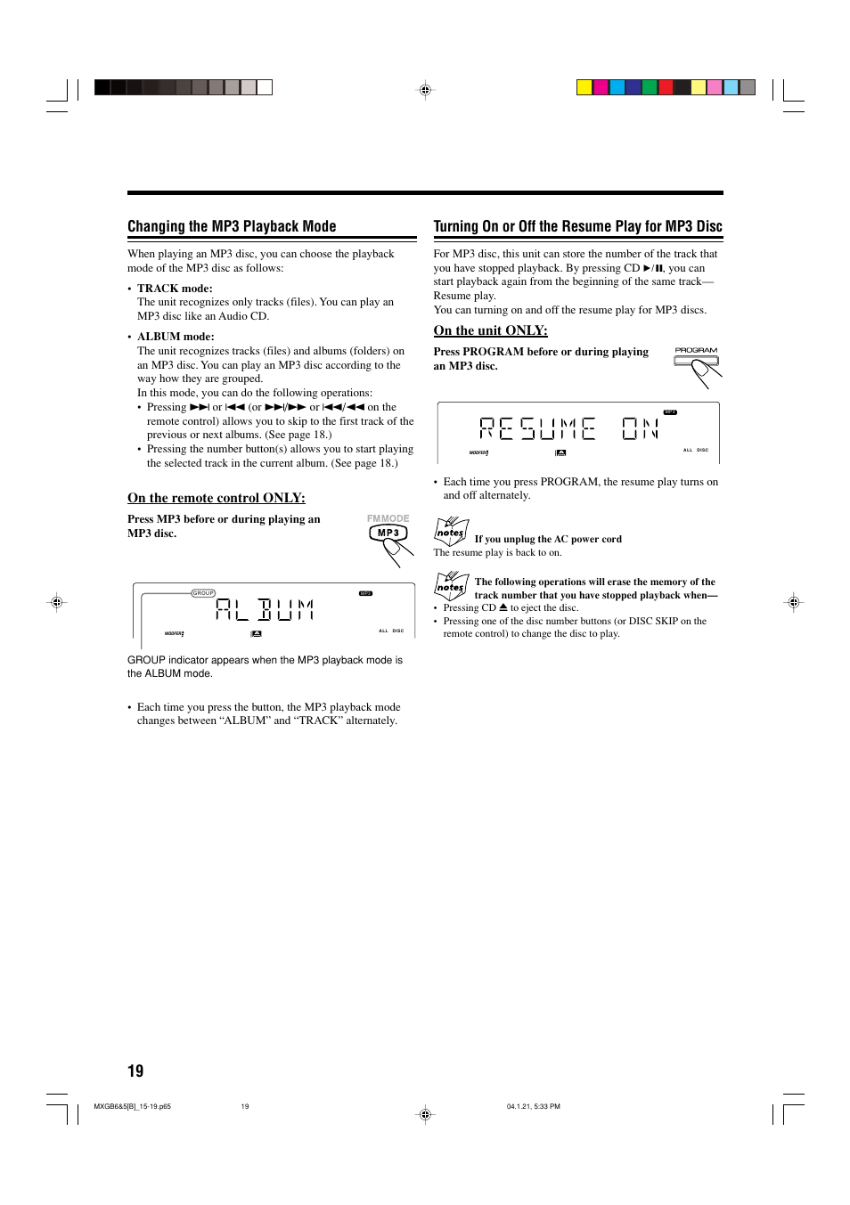 Turning on or off the resume play for mp3 disc, Changing the mp3 playback mode, On the unit only | On the remote control only | JVC CA-MXGB6 User Manual | Page 22 / 36