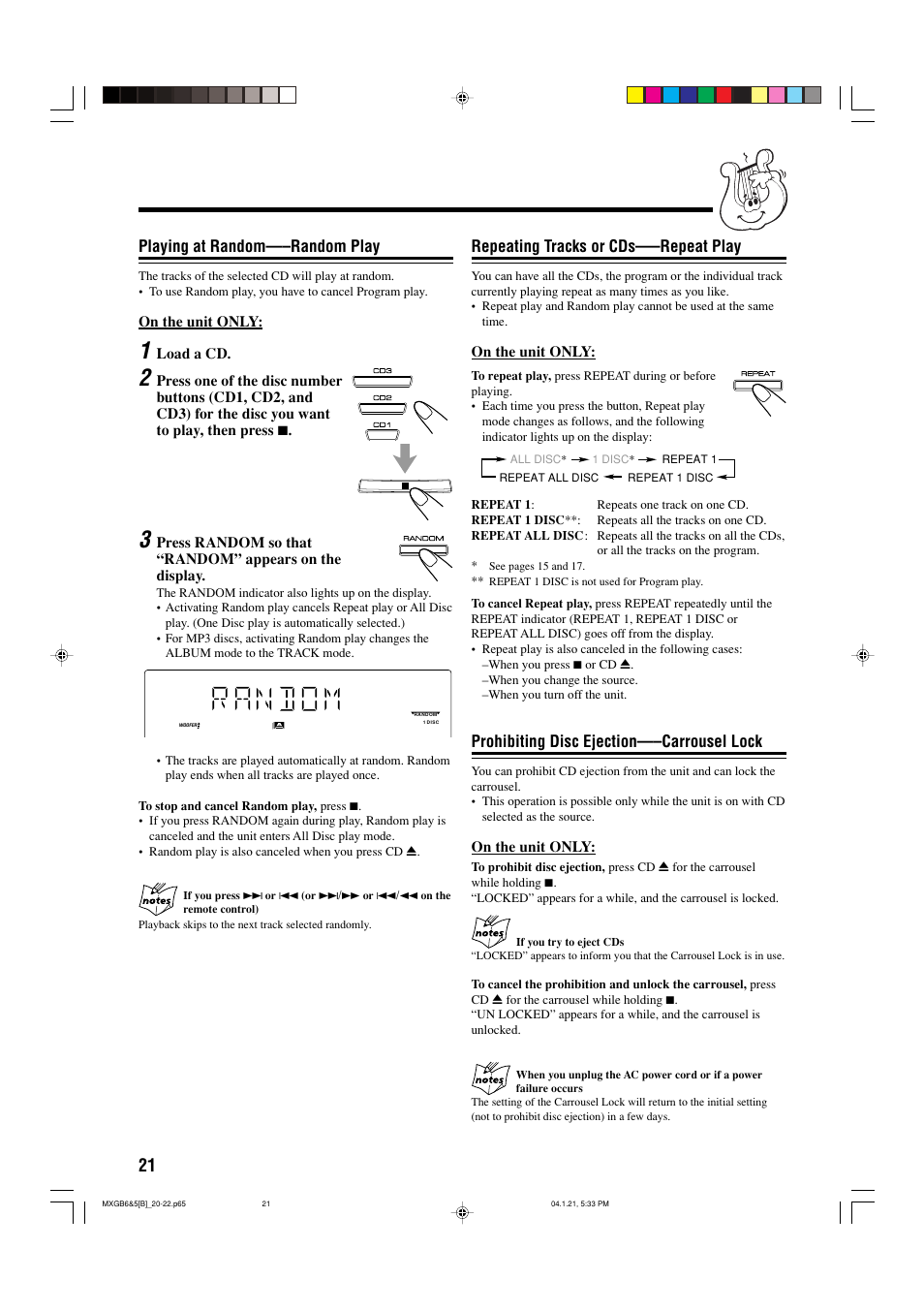 Playing at random—–random play, Repeating tracks or cds—–repeat play, Prohibiting disc ejection—–carrousel lock | JVC CA-MXGB6 User Manual | Page 24 / 36