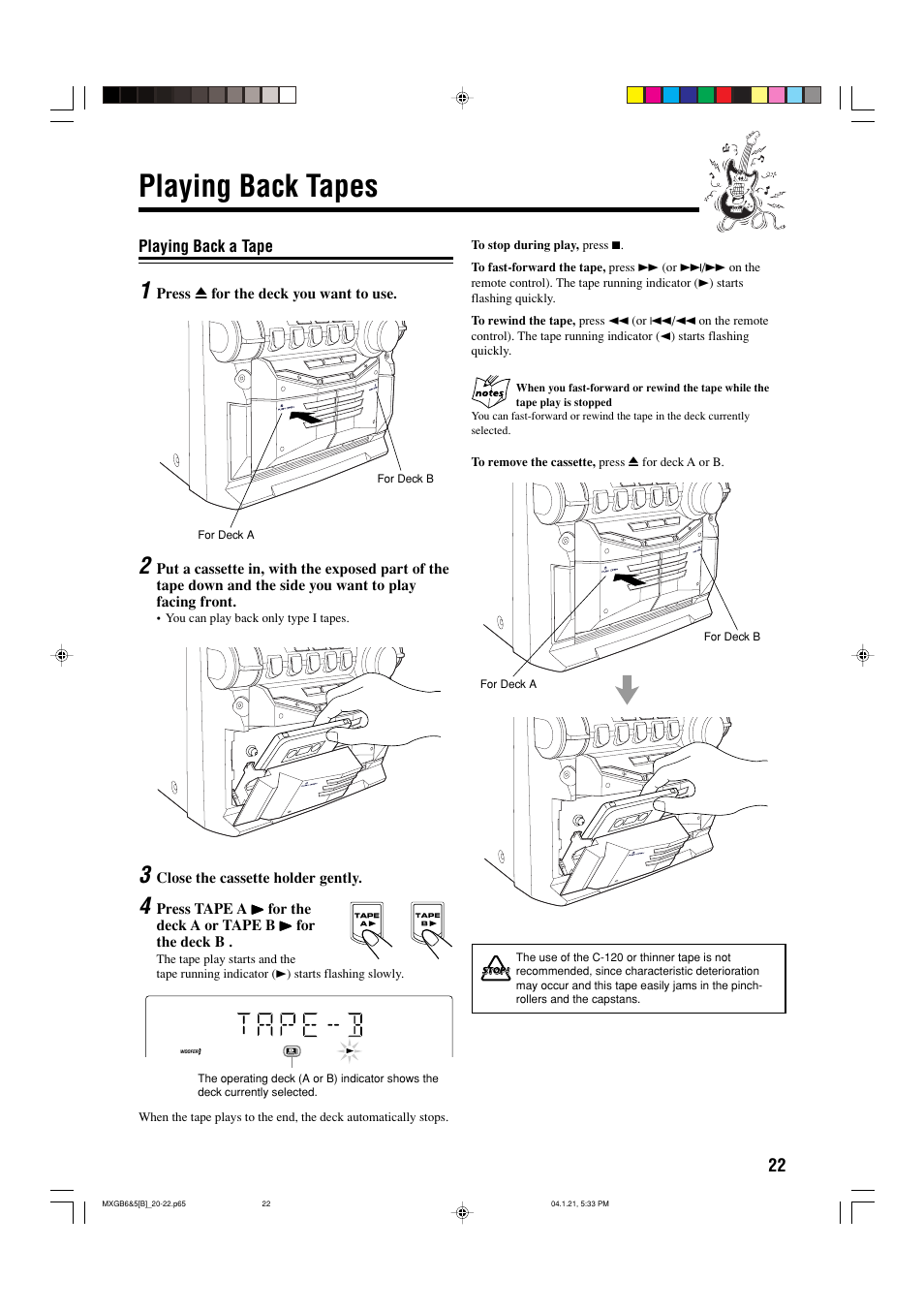 Playing back tapes | JVC CA-MXGB6 User Manual | Page 25 / 36