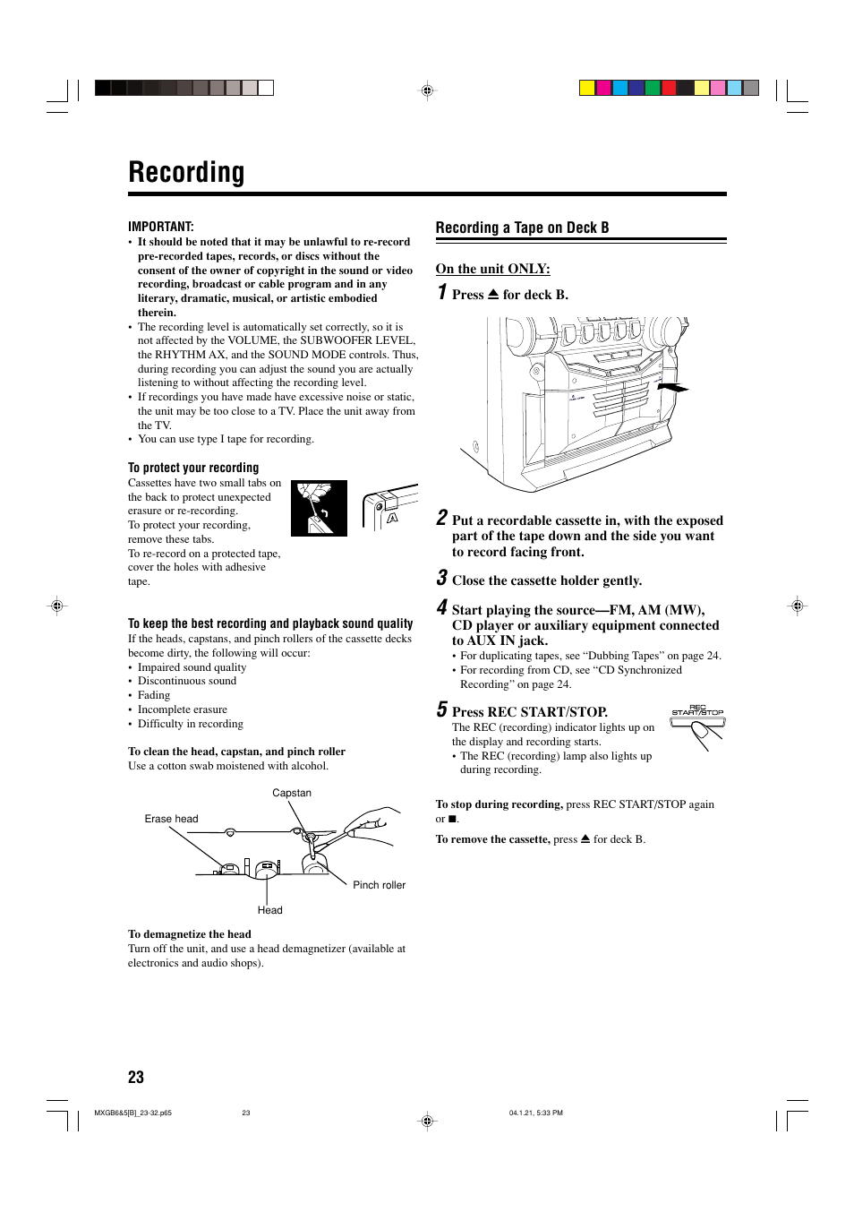 Recording | JVC CA-MXGB6 User Manual | Page 26 / 36