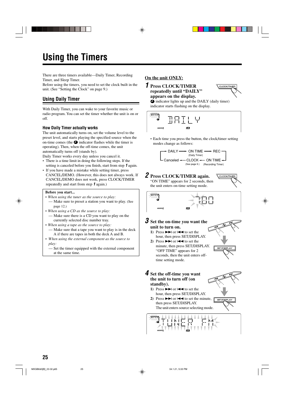 Using the timers, Using daily timer | JVC CA-MXGB6 User Manual | Page 28 / 36