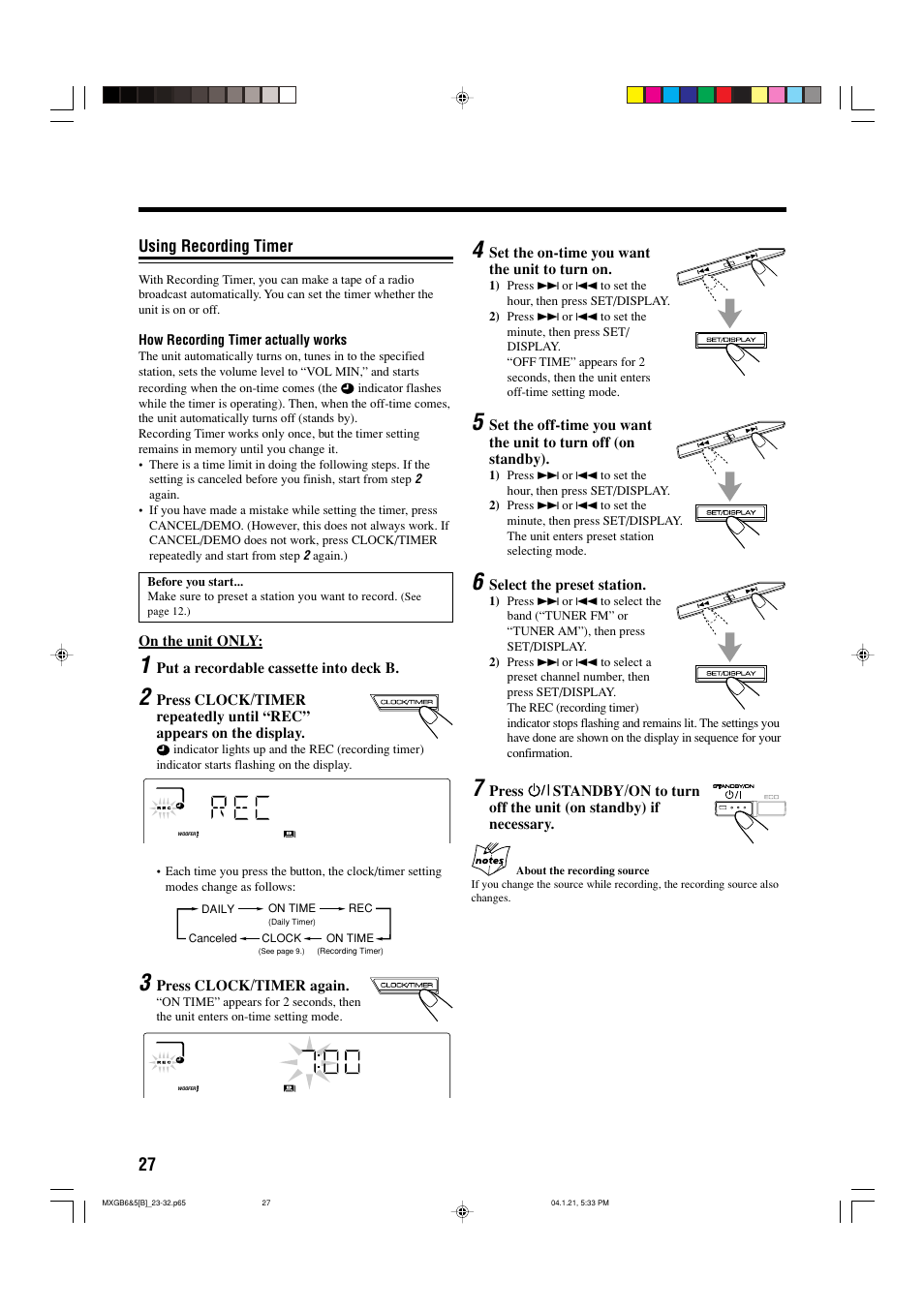 Using recording timer | JVC CA-MXGB6 User Manual | Page 30 / 36