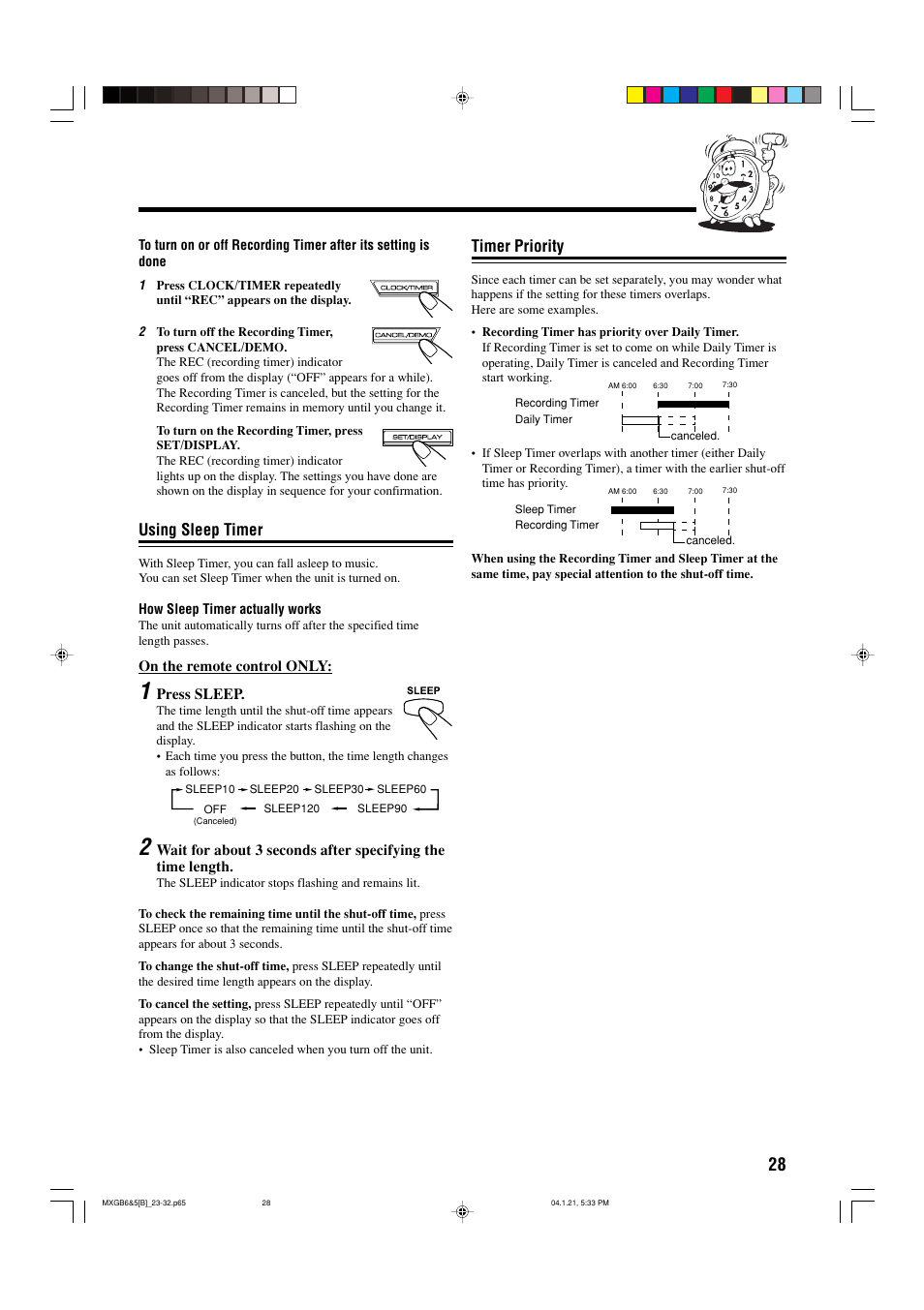 Using sleep timer, Timer priority | JVC CA-MXGB6 User Manual | Page 31 / 36