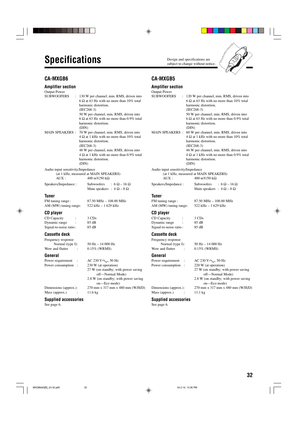 Specifications, Ca-mxgb5, Ca-mxgb6 | JVC CA-MXGB6 User Manual | Page 35 / 36