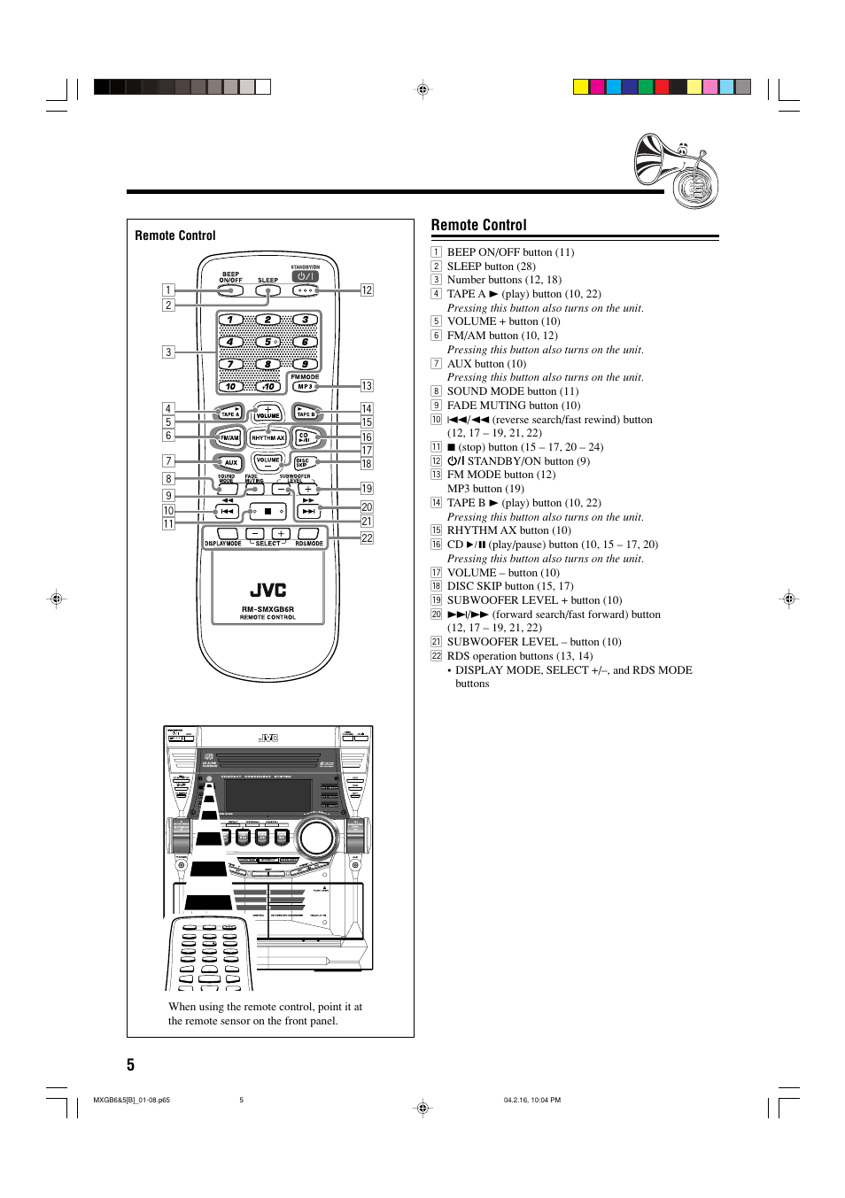 Remote control | JVC CA-MXGB6 User Manual | Page 8 / 36