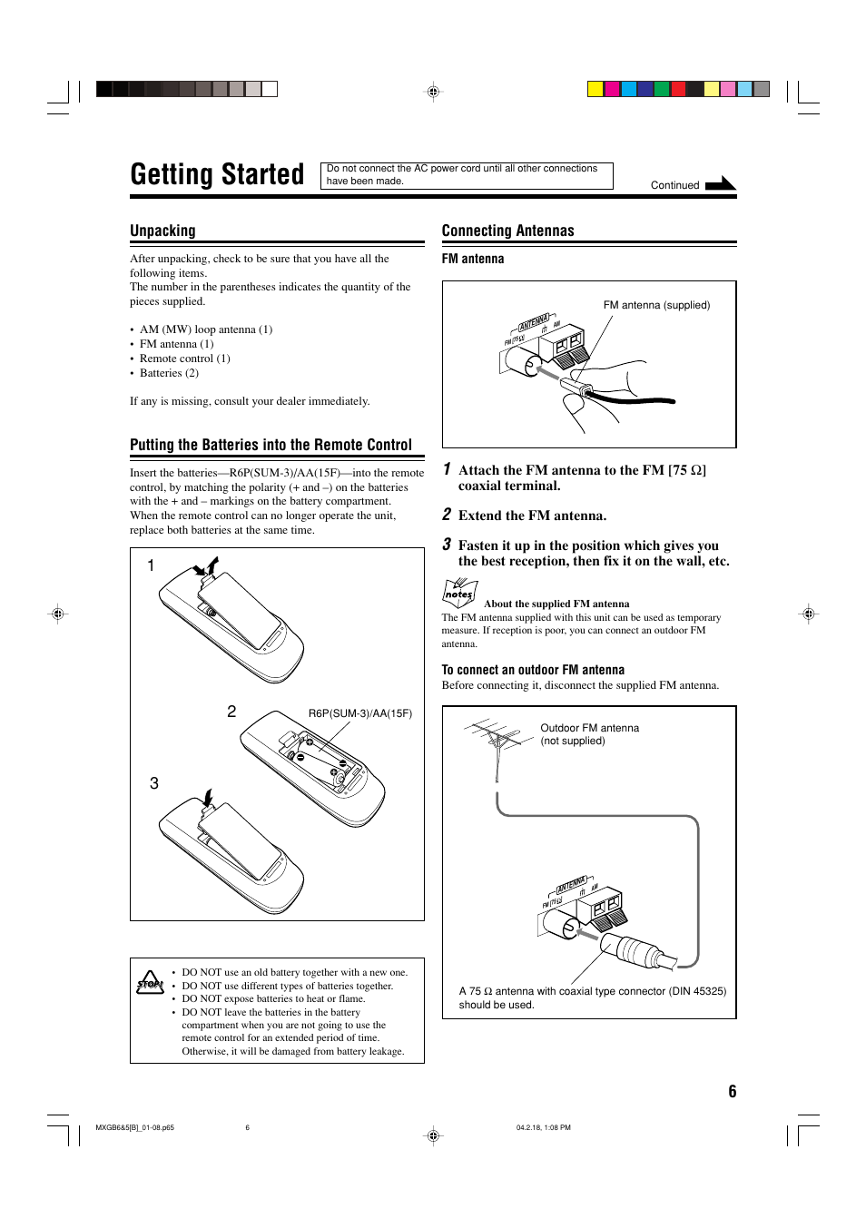 Getting started, Unpacking, Putting the batteries into the remote control | Connecting antennas | JVC CA-MXGB6 User Manual | Page 9 / 36