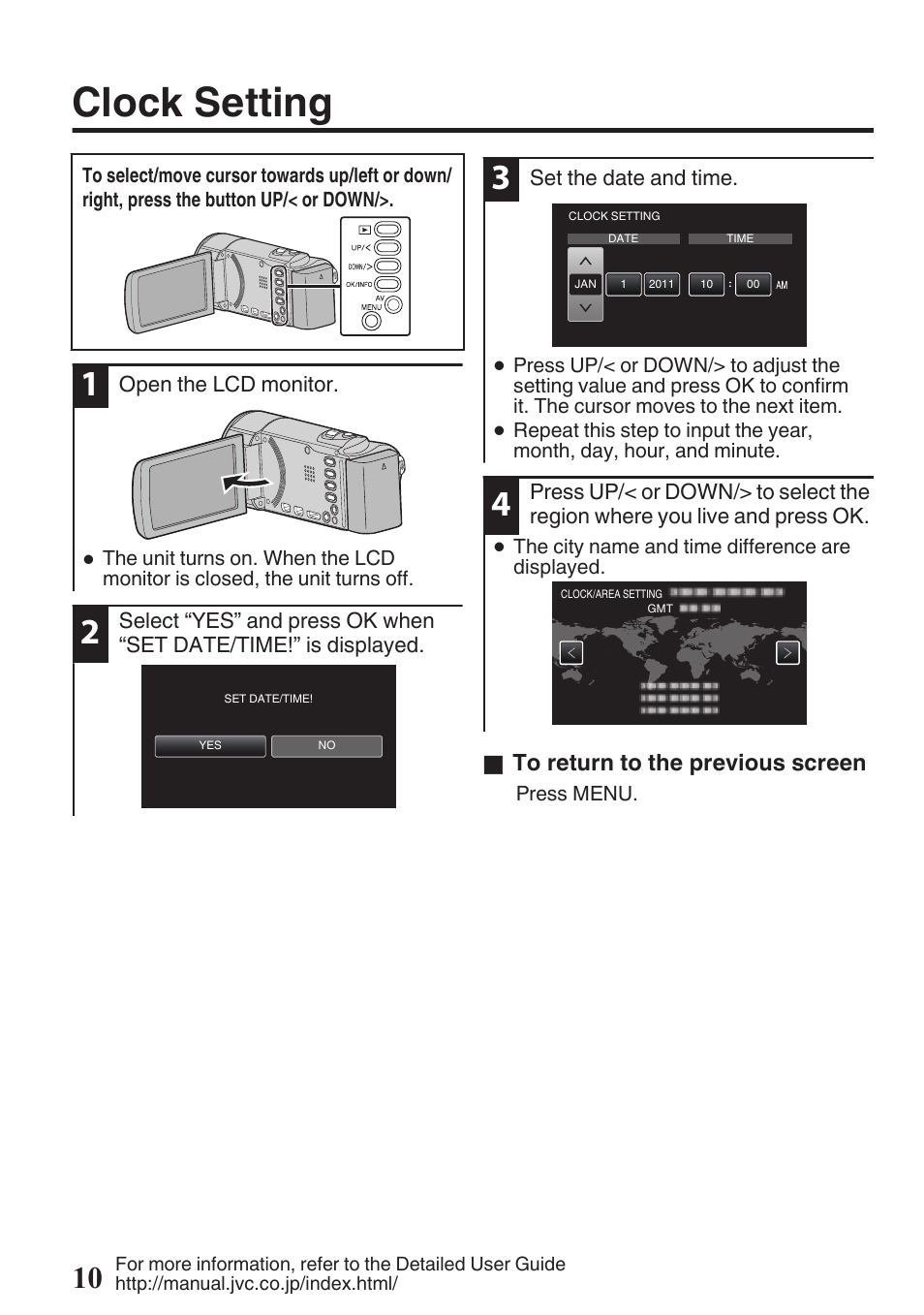 Clock setting | JVC Everio GZ-HM50U User Manual | Page 10 / 56