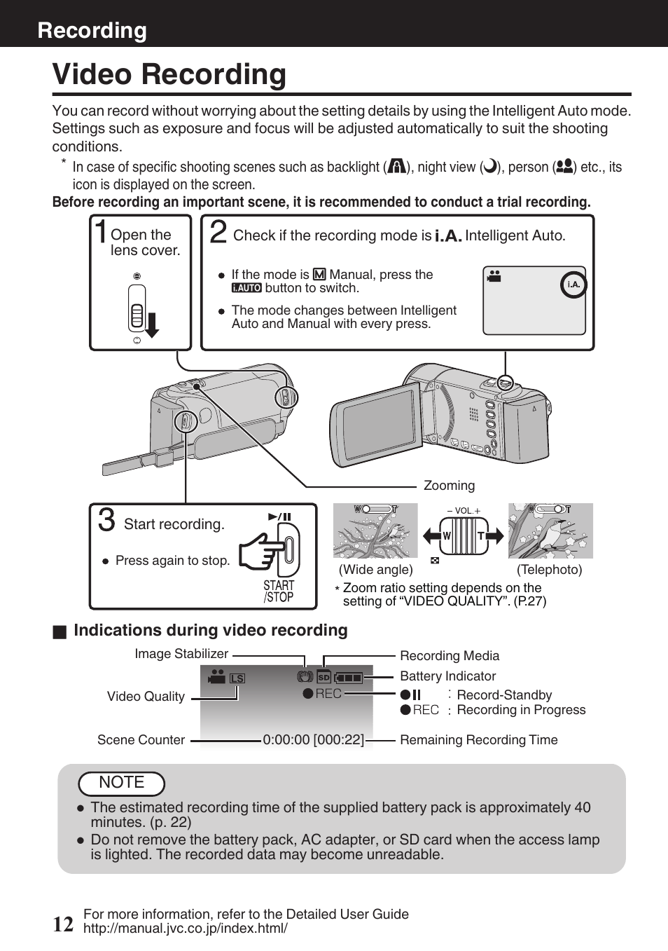 Recording, Video recording, P. 12, 13) | P. 12), Recording) (p. 12), Lens cover switch (p. 12), Recording 12 | JVC Everio GZ-HM50U User Manual | Page 12 / 56