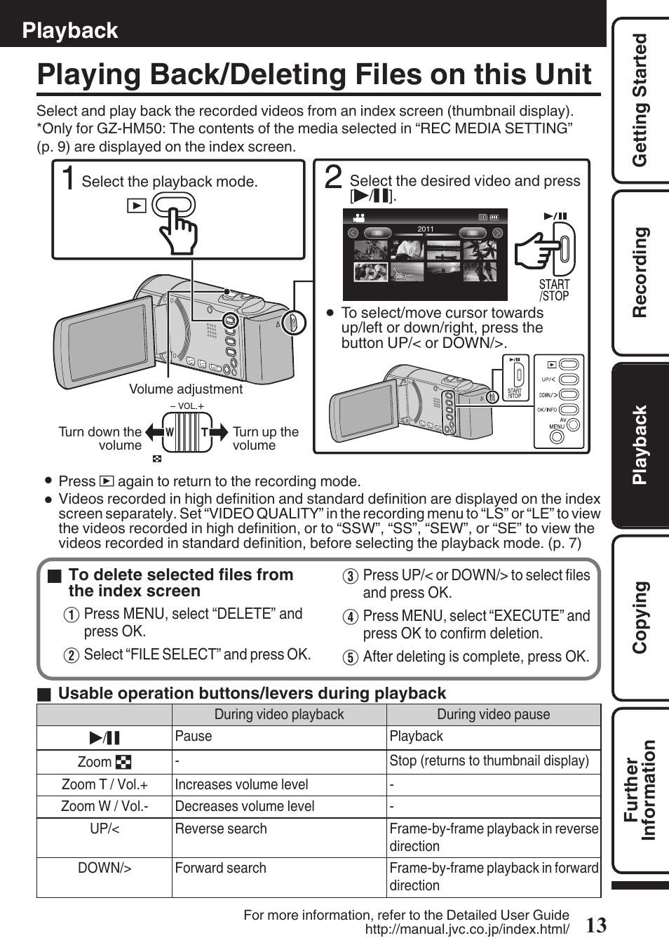 Playback, Playing back/deleting files on this unit, Playback) (p. 13) | JVC Everio GZ-HM50U User Manual | Page 13 / 56