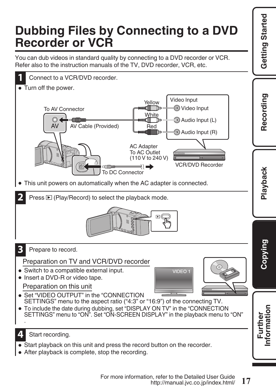 Dubbing files by connecting to a dvd, Recorder or vcr | JVC Everio GZ-HM50U User Manual | Page 17 / 56