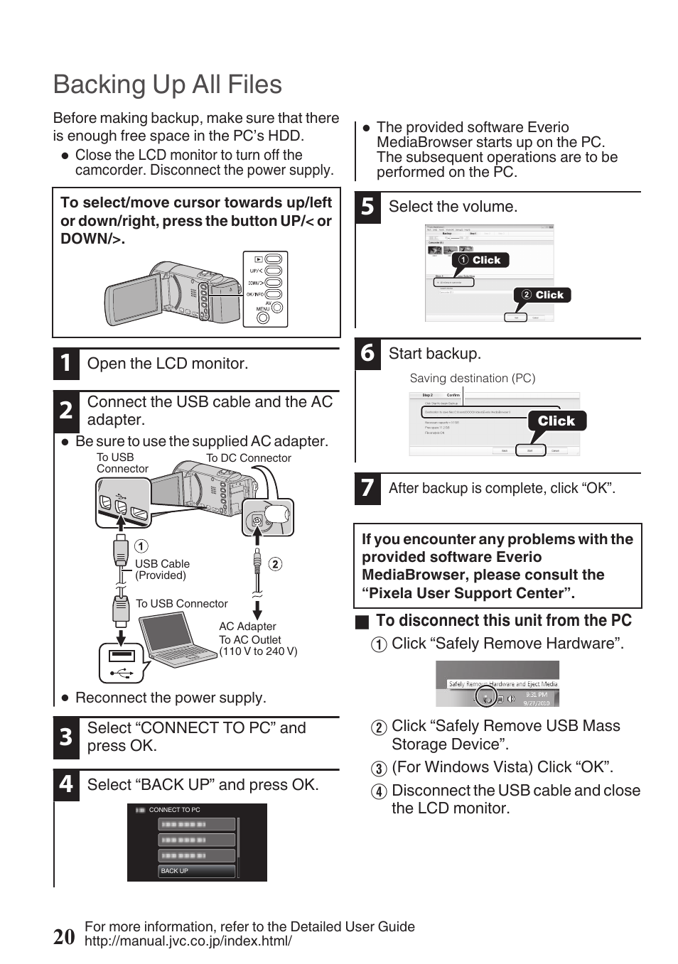 Backing up all files, Usb connector (p. 20) | JVC Everio GZ-HM50U User Manual | Page 20 / 56