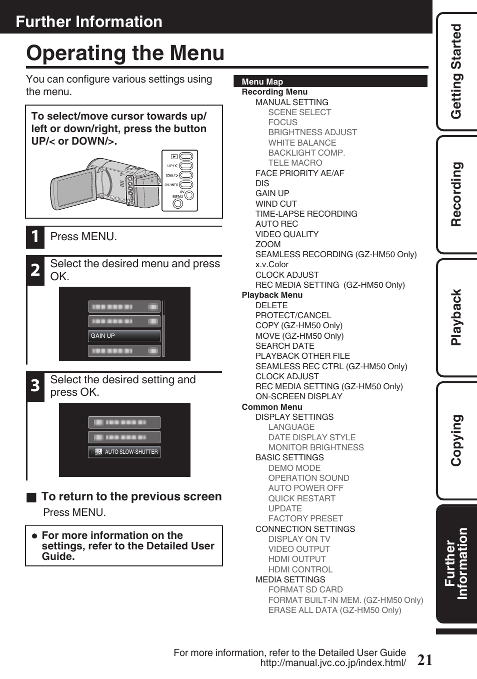 Further information, Operating the menu, Menu button (p. 21) | JVC Everio GZ-HM50U User Manual | Page 21 / 56