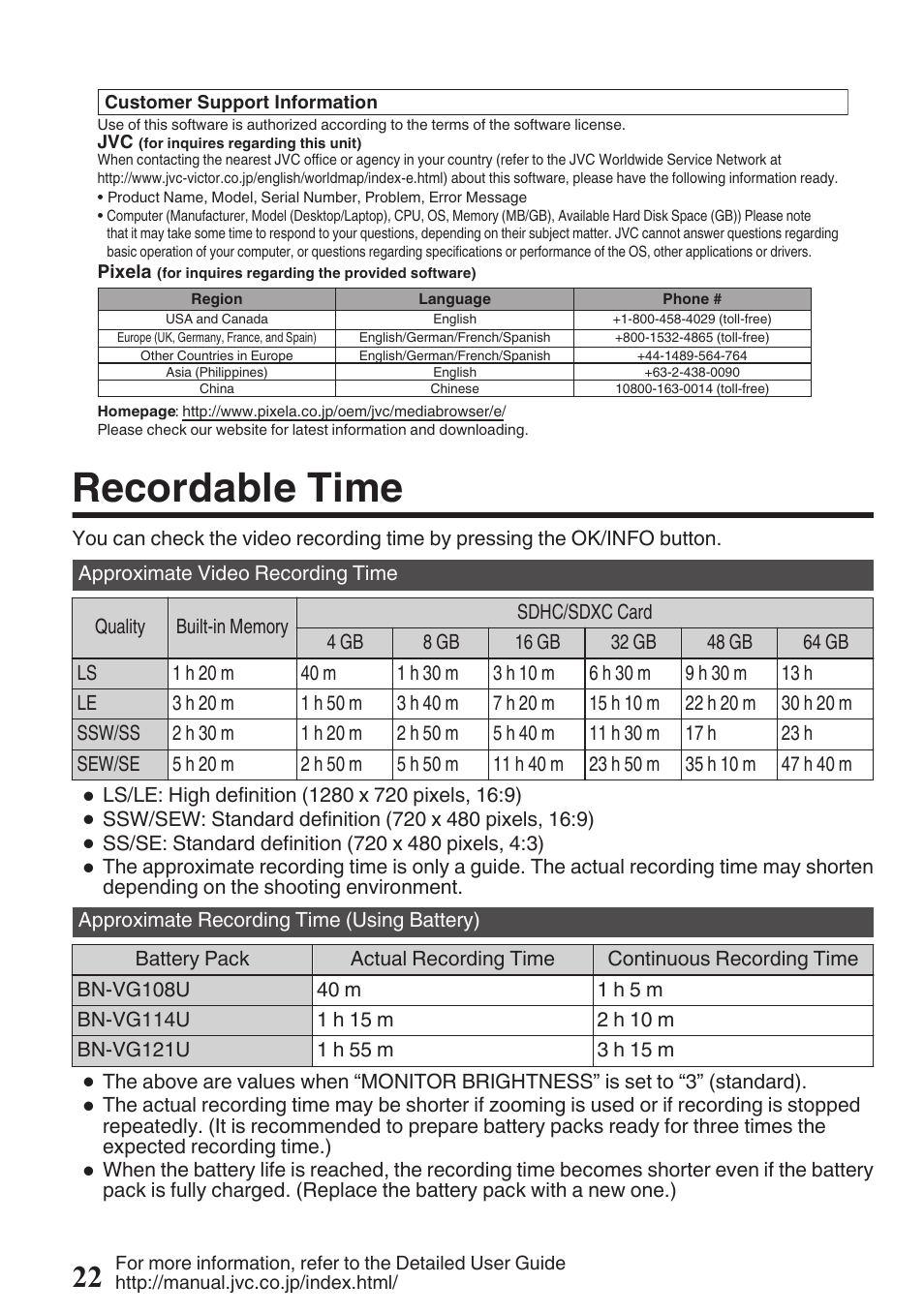 Recordable time | JVC Everio GZ-HM50U User Manual | Page 22 / 56