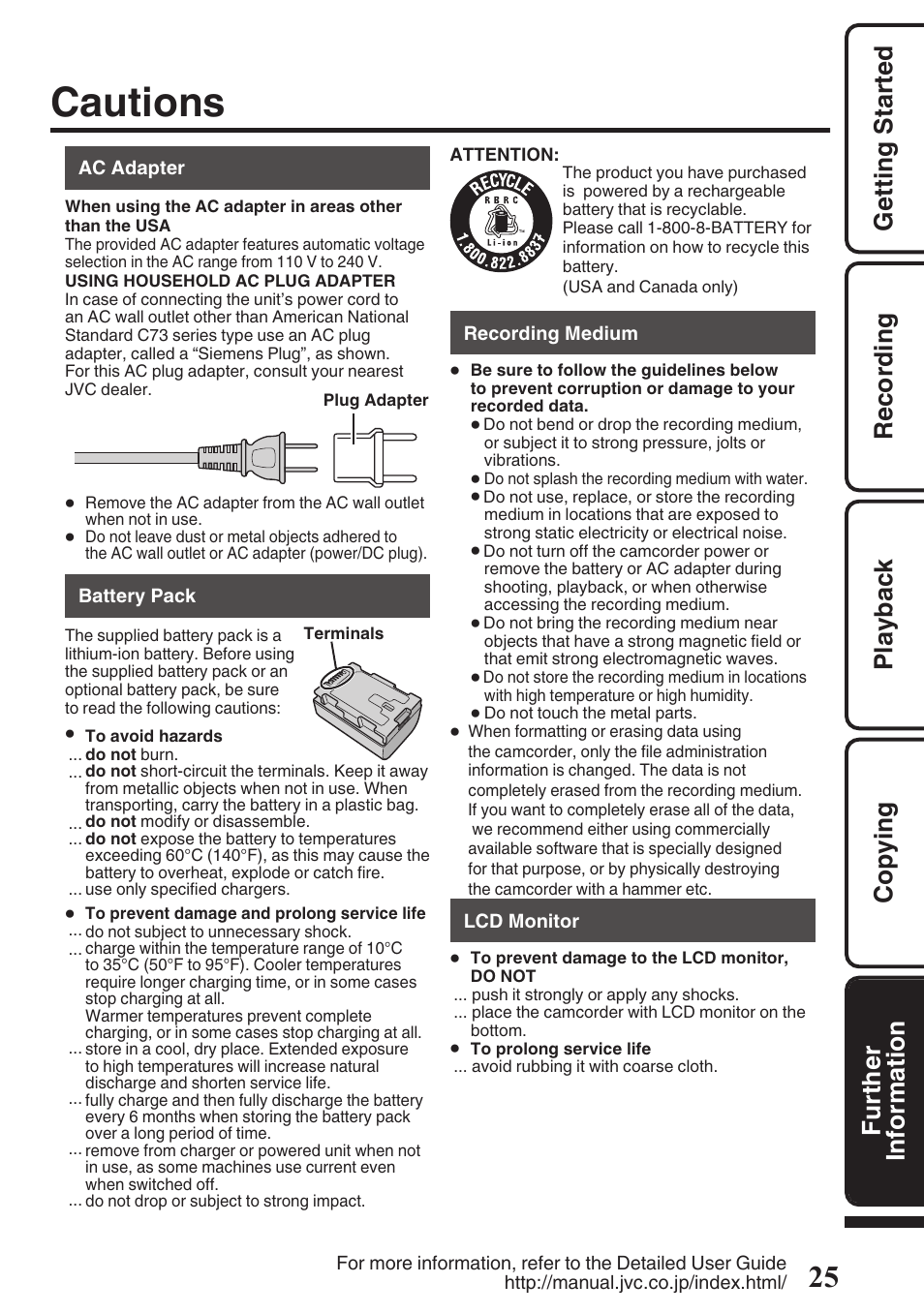 Cautions | JVC Everio GZ-HM50U User Manual | Page 25 / 56