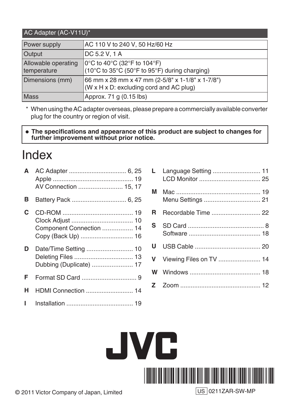 Index | JVC Everio GZ-HM50U User Manual | Page 28 / 56