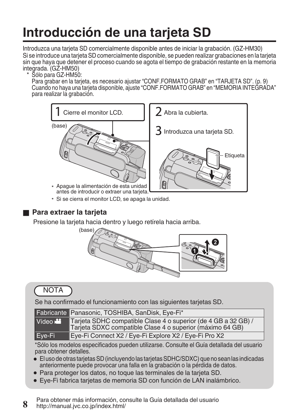 Introducción de una tarjeta sd, P. 8, P. 8) | JVC Everio GZ-HM50U User Manual | Page 36 / 56