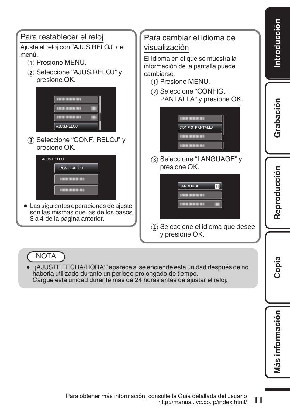 Para restablecer el reloj, Para cambiar el idioma de visualización | JVC Everio GZ-HM50U User Manual | Page 39 / 56