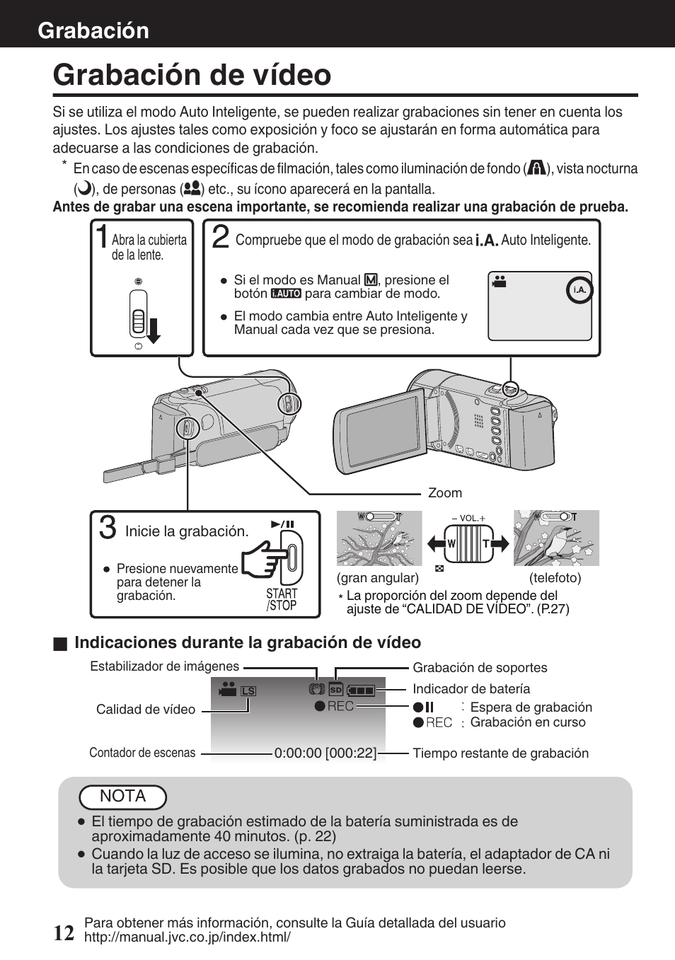 Grabación, Grabación de vídeo, P. 12, 13) | P. 12), Vídeo) (p. 12), Grabación 12 | JVC Everio GZ-HM50U User Manual | Page 40 / 56