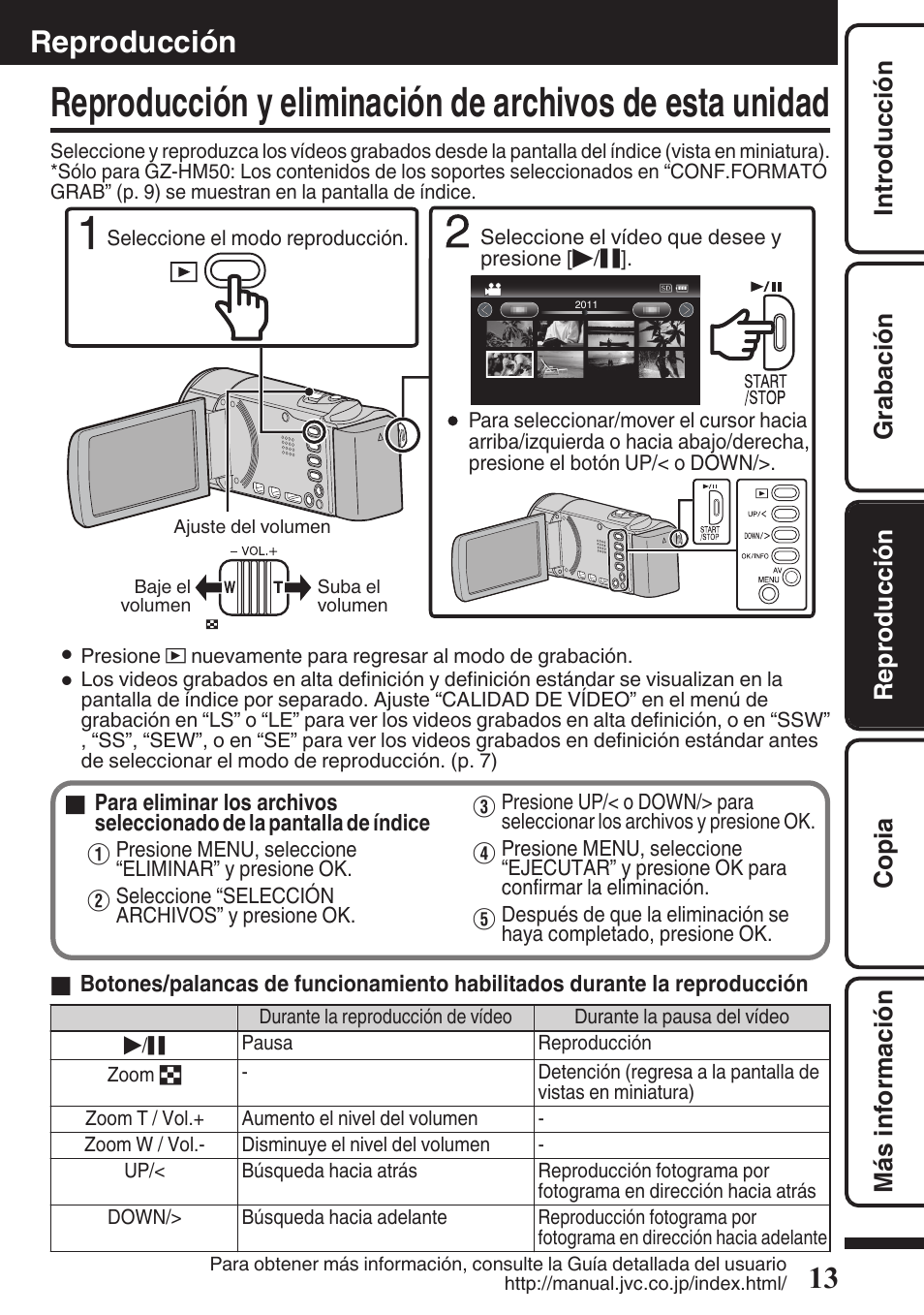 Reproducción, Reproducción y eliminación de archivos, De esta unidad | Reproducción de vídeo) (p. 13) | JVC Everio GZ-HM50U User Manual | Page 41 / 56