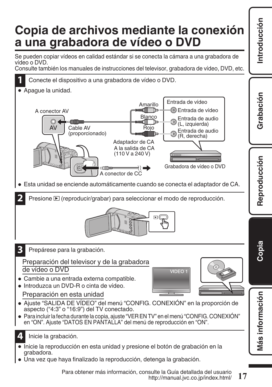 Copia de archivos mediante la conexión a, Una grabadora de vídeo o dvd | JVC Everio GZ-HM50U User Manual | Page 45 / 56