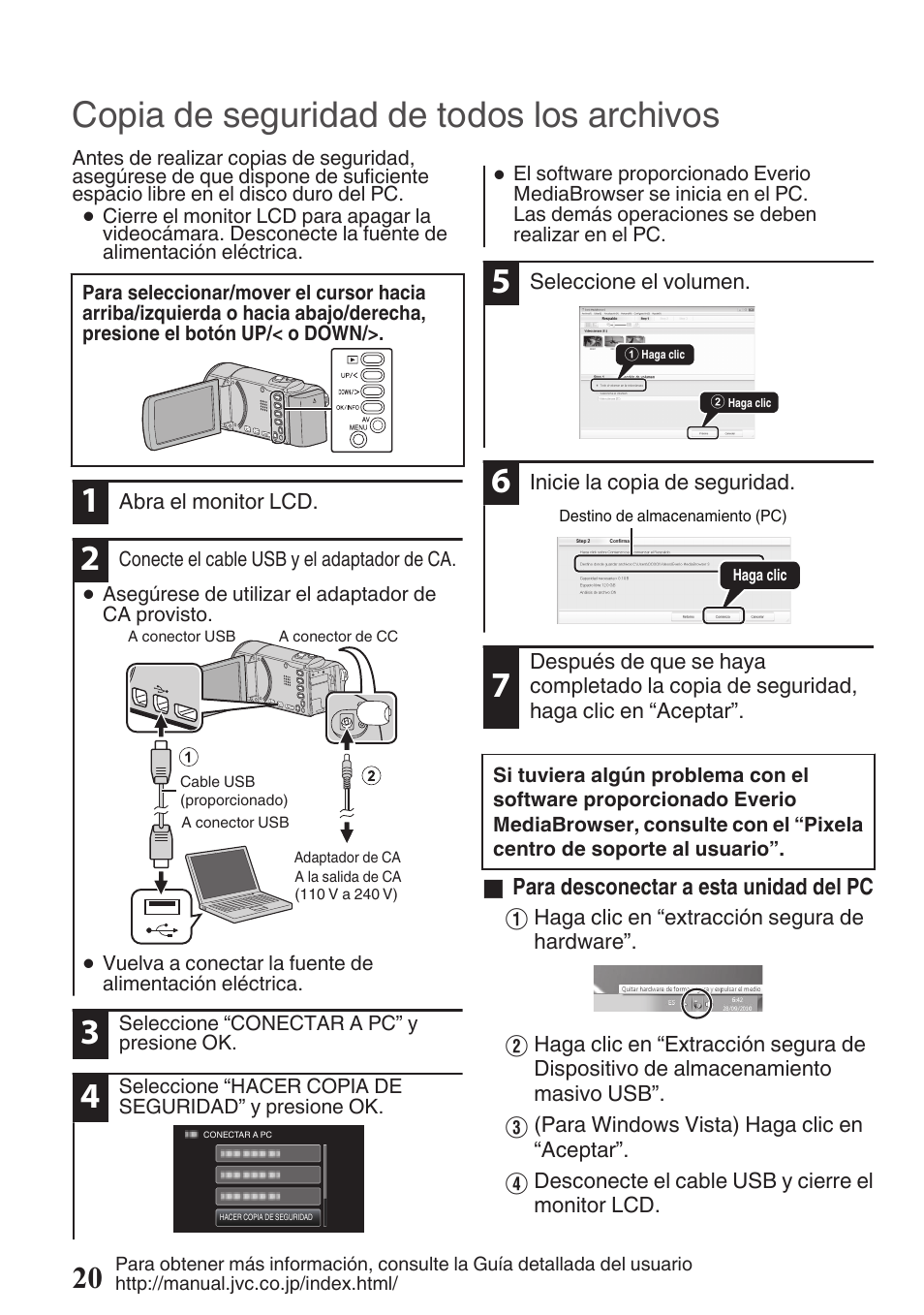 Copia de seguridad de todos los archivos, Conector usb (p. 20) | JVC Everio GZ-HM50U User Manual | Page 48 / 56