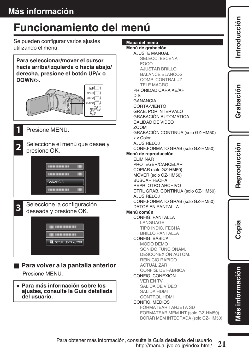 Más información, Funcionamiento del menú, Botón menu (p. 21) | Para volver a la pantalla anterior | JVC Everio GZ-HM50U User Manual | Page 49 / 56