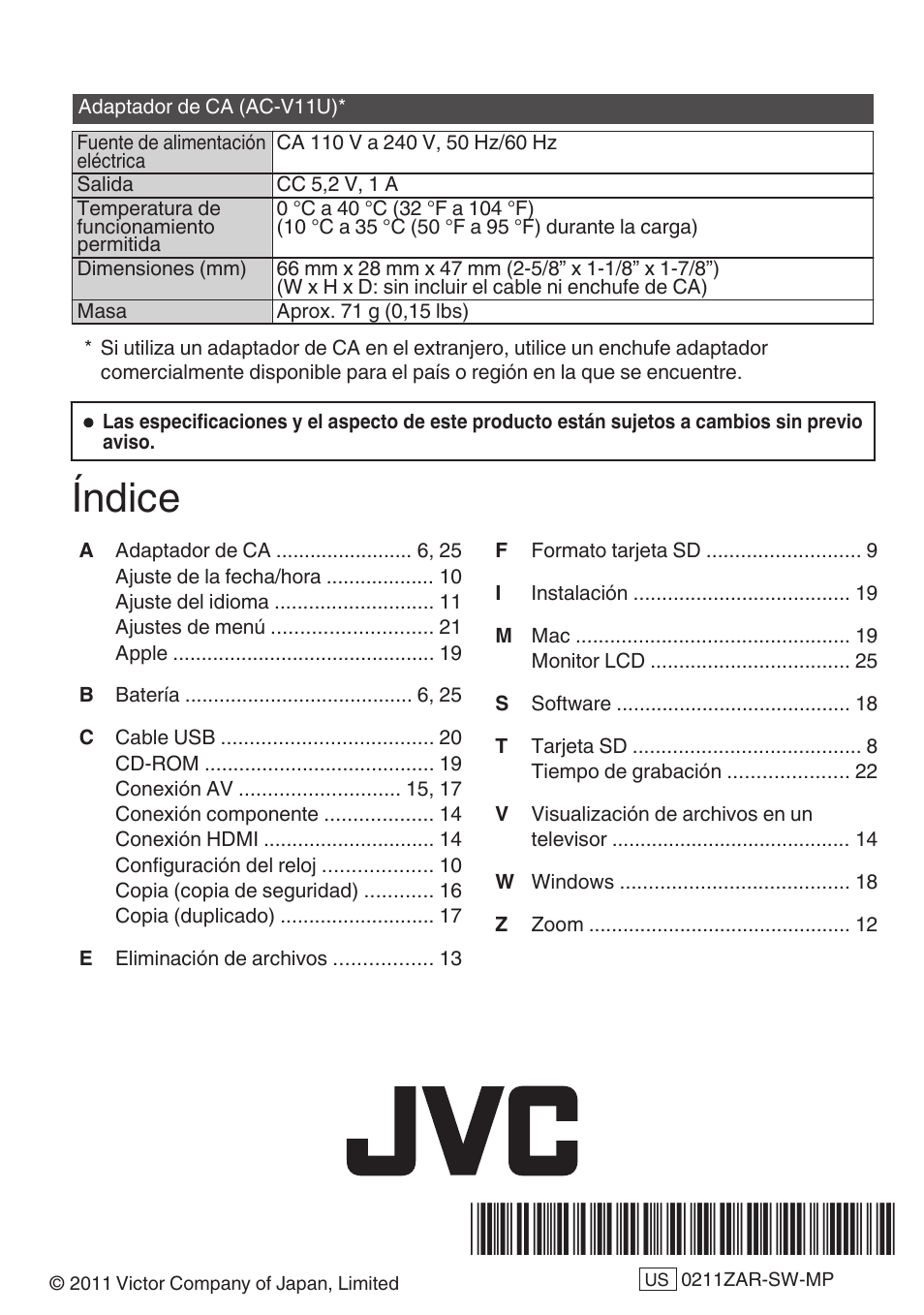 Índice | JVC Everio GZ-HM50U User Manual | Page 56 / 56