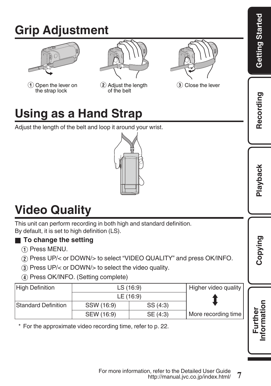 Grip adjustment, Using as a hand strap, Video quality | Strap lock (p. 7), Grip belt (p. 7) | JVC Everio GZ-HM50U User Manual | Page 7 / 56