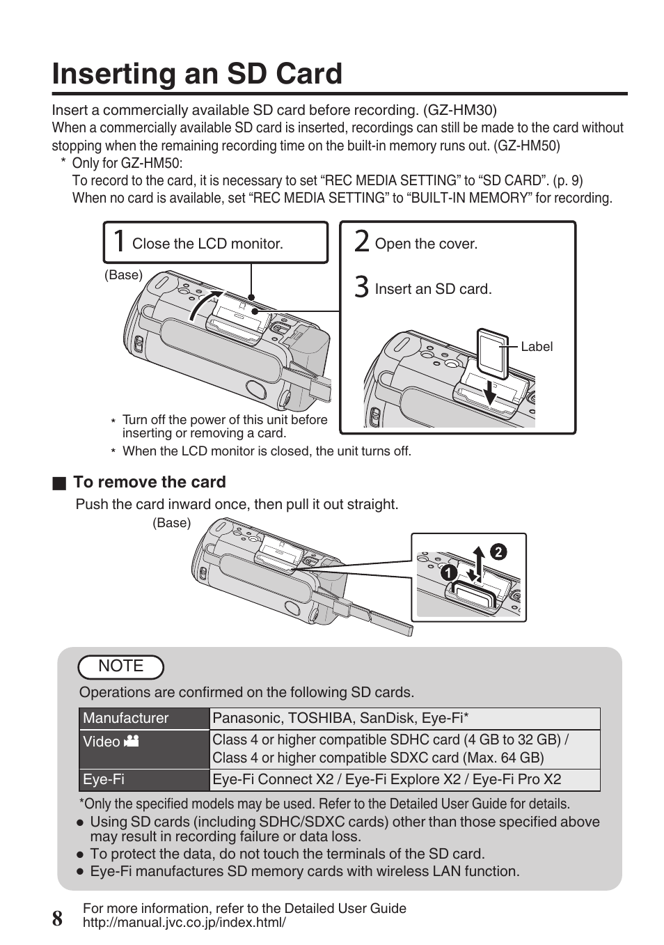 Inserting an sd card, Unit, refer to p. 8, Sd card slot (p. 8) | JVC Everio GZ-HM50U User Manual | Page 8 / 56