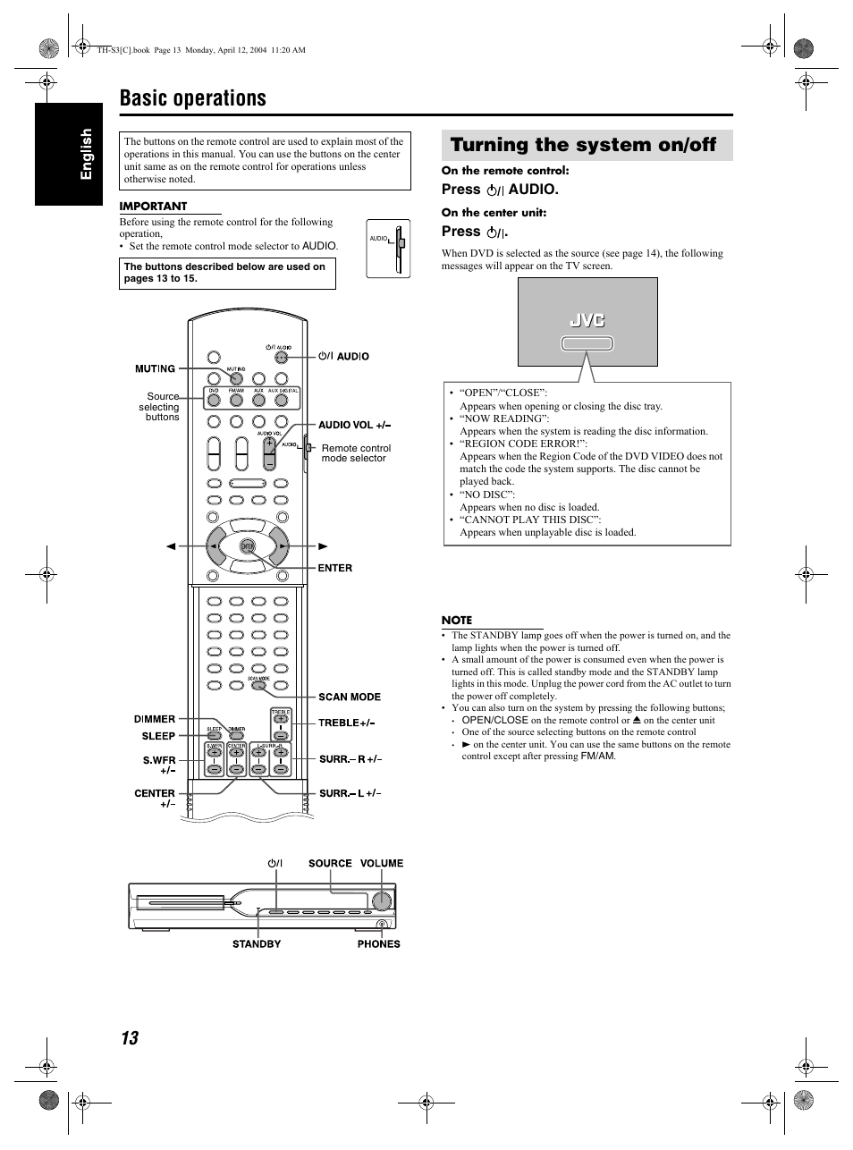 Basic operations, Turning the system on/off, Press audio | Press | JVC TH-S2 User Manual | Page 16 / 44
