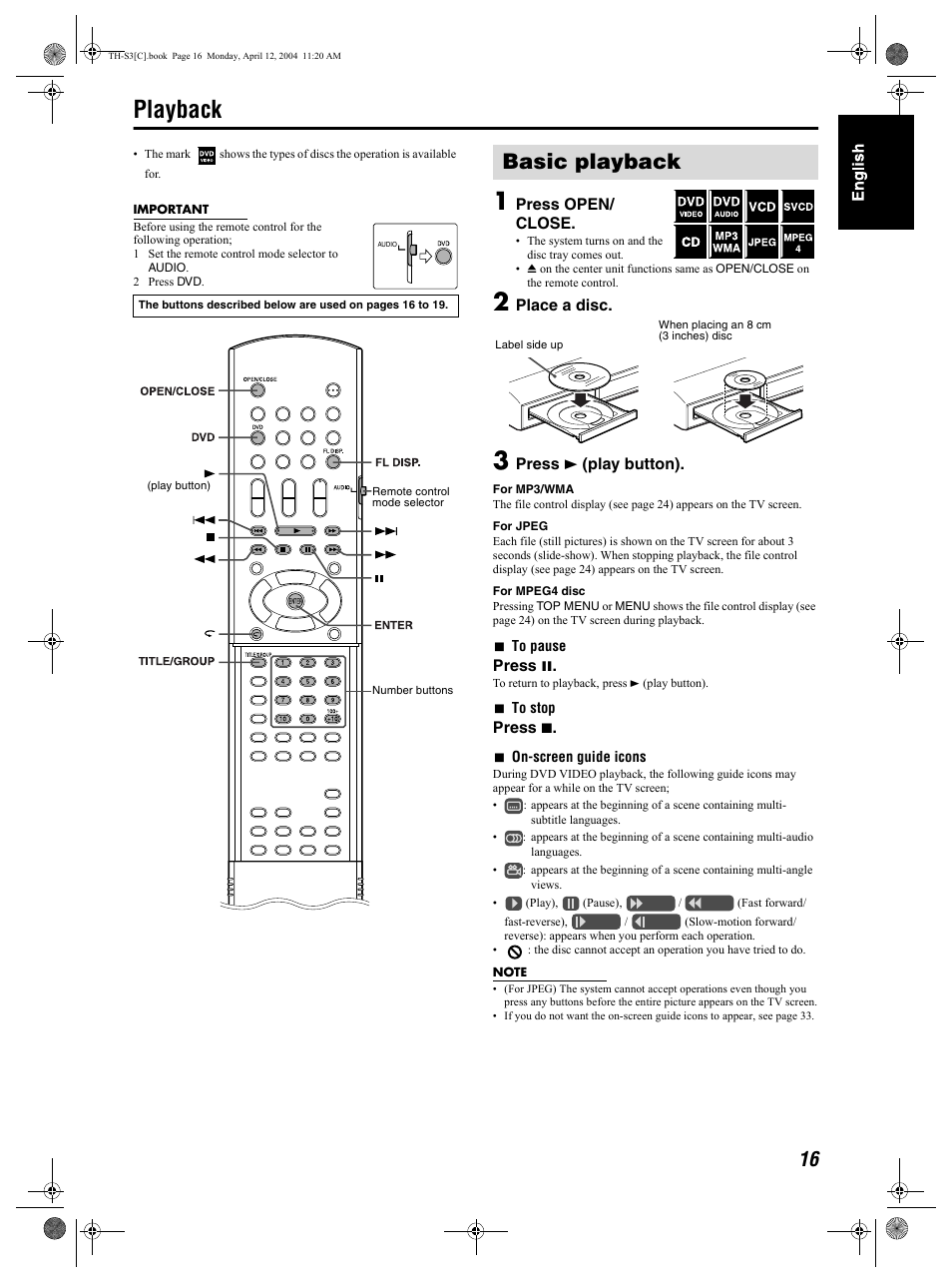 Playback, Basic playback | JVC TH-S2 User Manual | Page 19 / 44