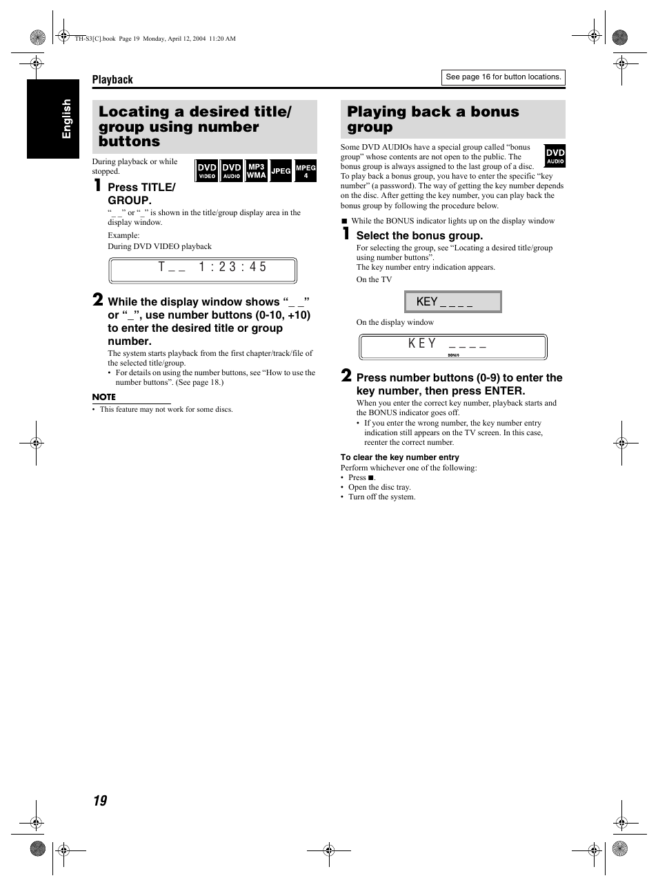 Playing back a bonus group | JVC TH-S2 User Manual | Page 22 / 44