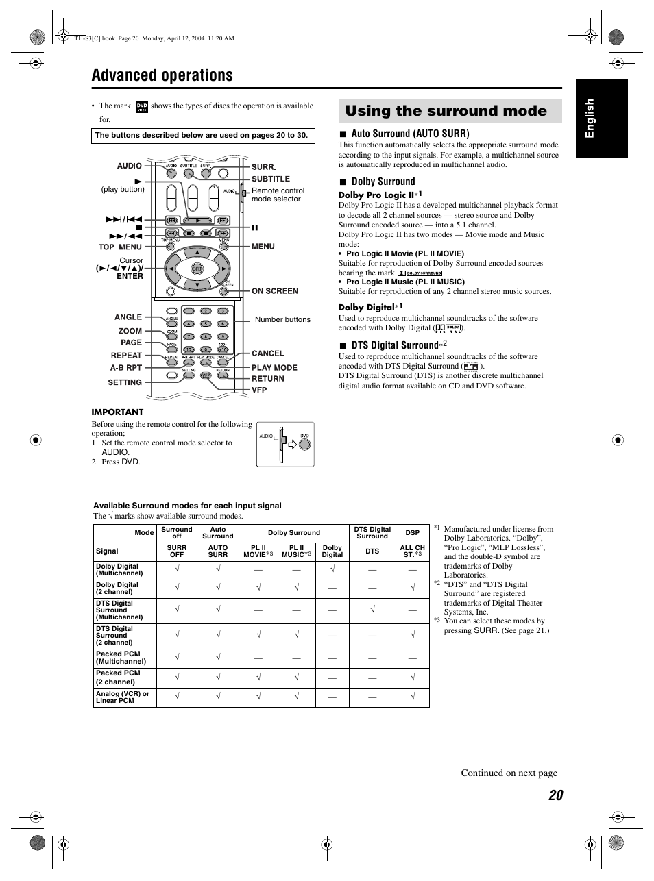 Advanced operations, Using the surround mode | JVC TH-S2 User Manual | Page 23 / 44