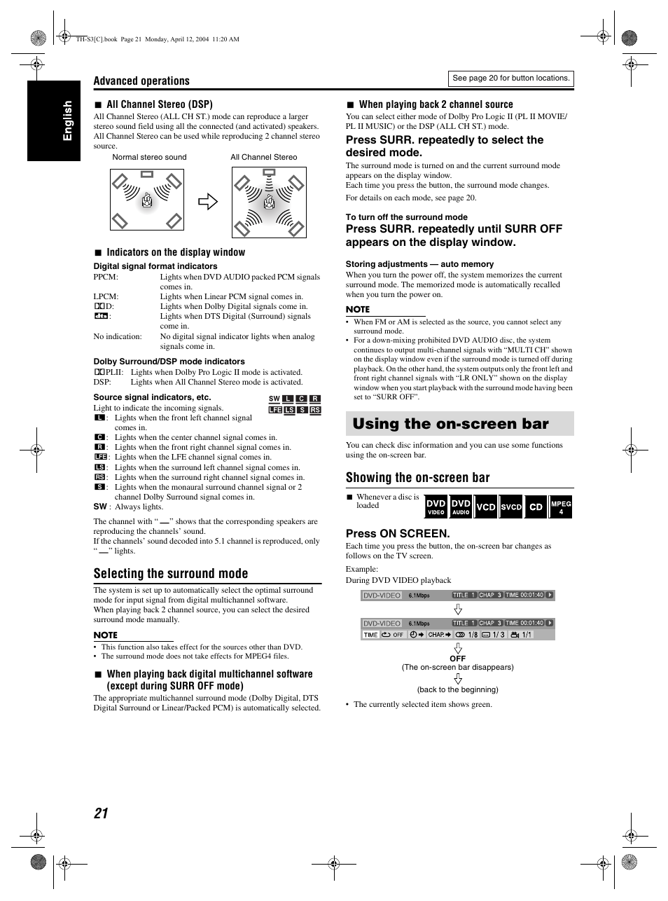 Using the on-screen bar, Selecting the surround mode, Showing the on-screen bar | JVC TH-S2 User Manual | Page 24 / 44