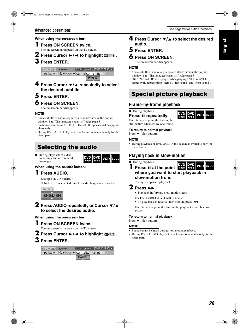 Selecting the audio special picture playback | JVC TH-S2 User Manual | Page 29 / 44
