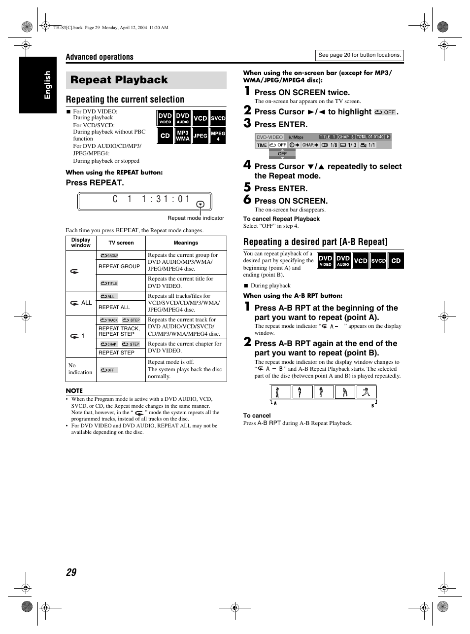 Repeat playback, Repeating the current selection, Repeating a desired part [a-b repeat | JVC TH-S2 User Manual | Page 32 / 44