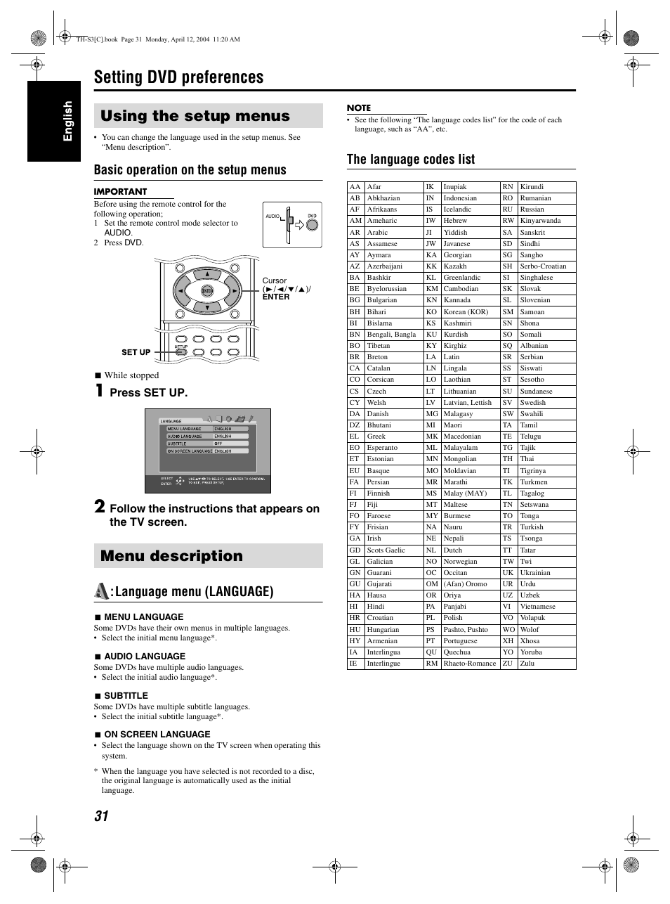 Setting dvd preferences, Using the setup menus menu description, Basic operation on the setup menus | Language menu (language), The language codes list, Press set up | JVC TH-S2 User Manual | Page 34 / 44