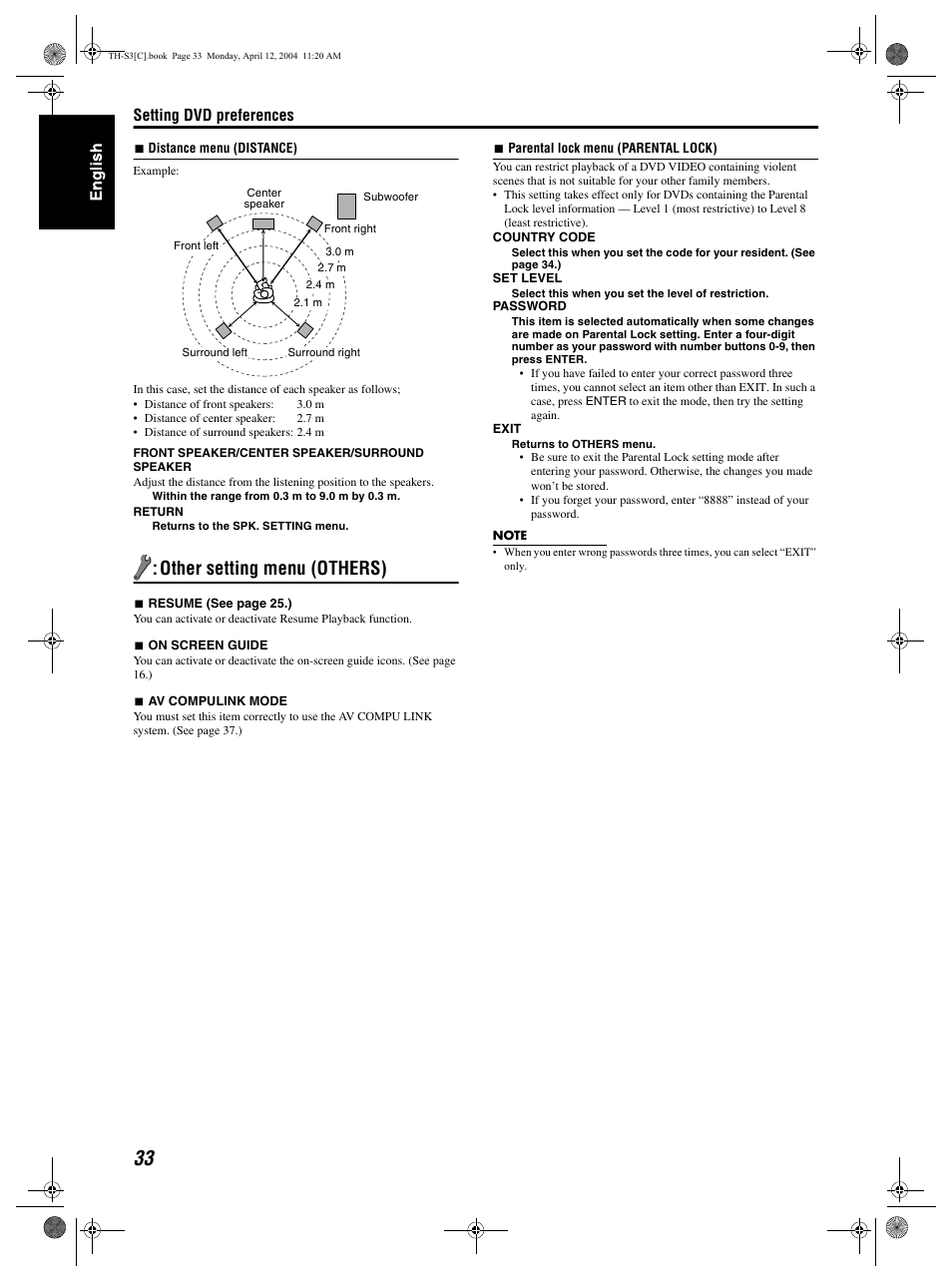 Other setting menu (others), Setting dvd preferences | JVC TH-S2 User Manual | Page 36 / 44