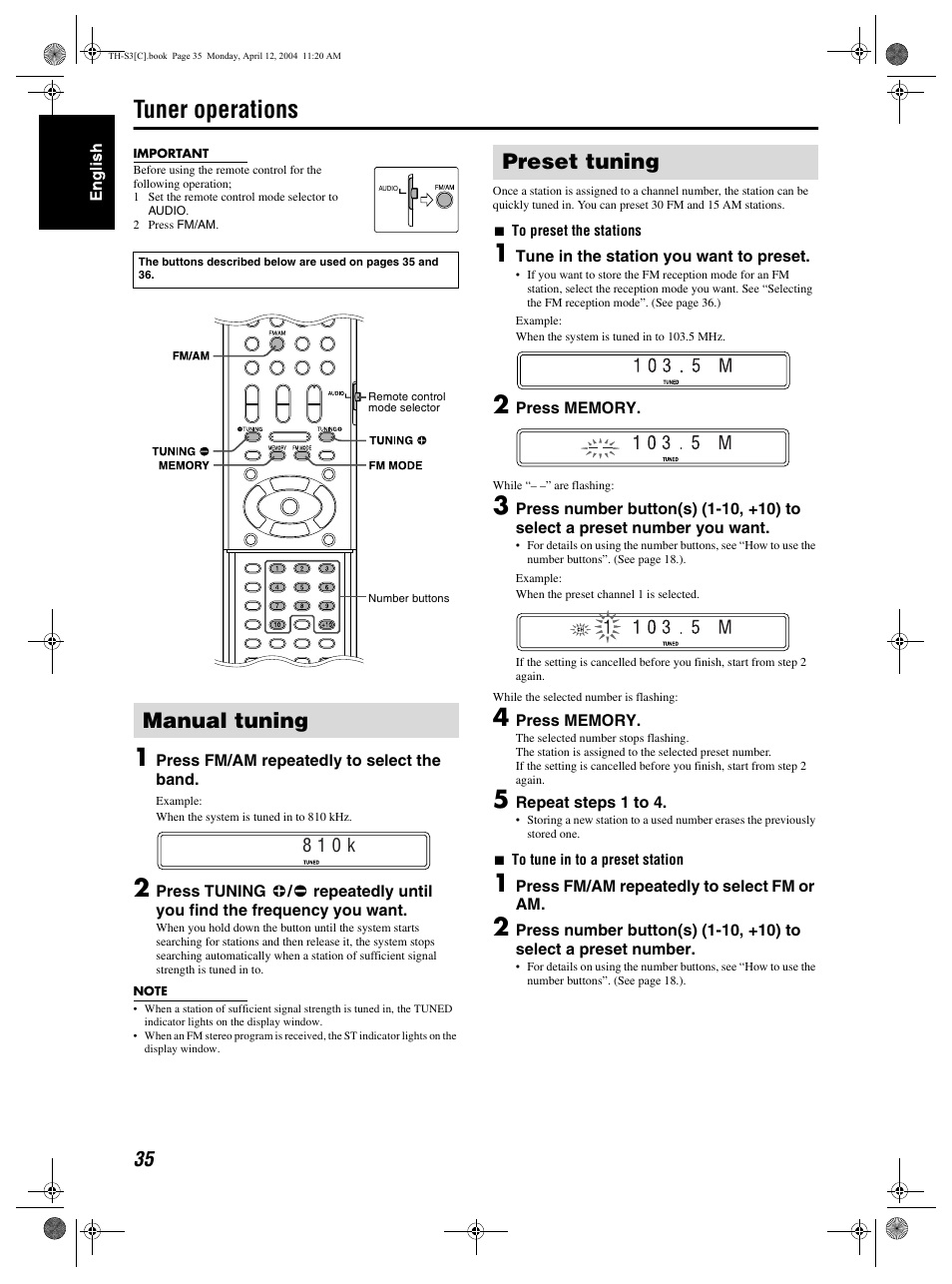 Tuner operations, Manual tuning, Preset tuning | JVC TH-S2 User Manual | Page 38 / 44