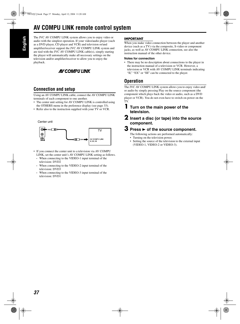 Av compu link remote control system, Connection and setup, Operation | JVC TH-S2 User Manual | Page 40 / 44