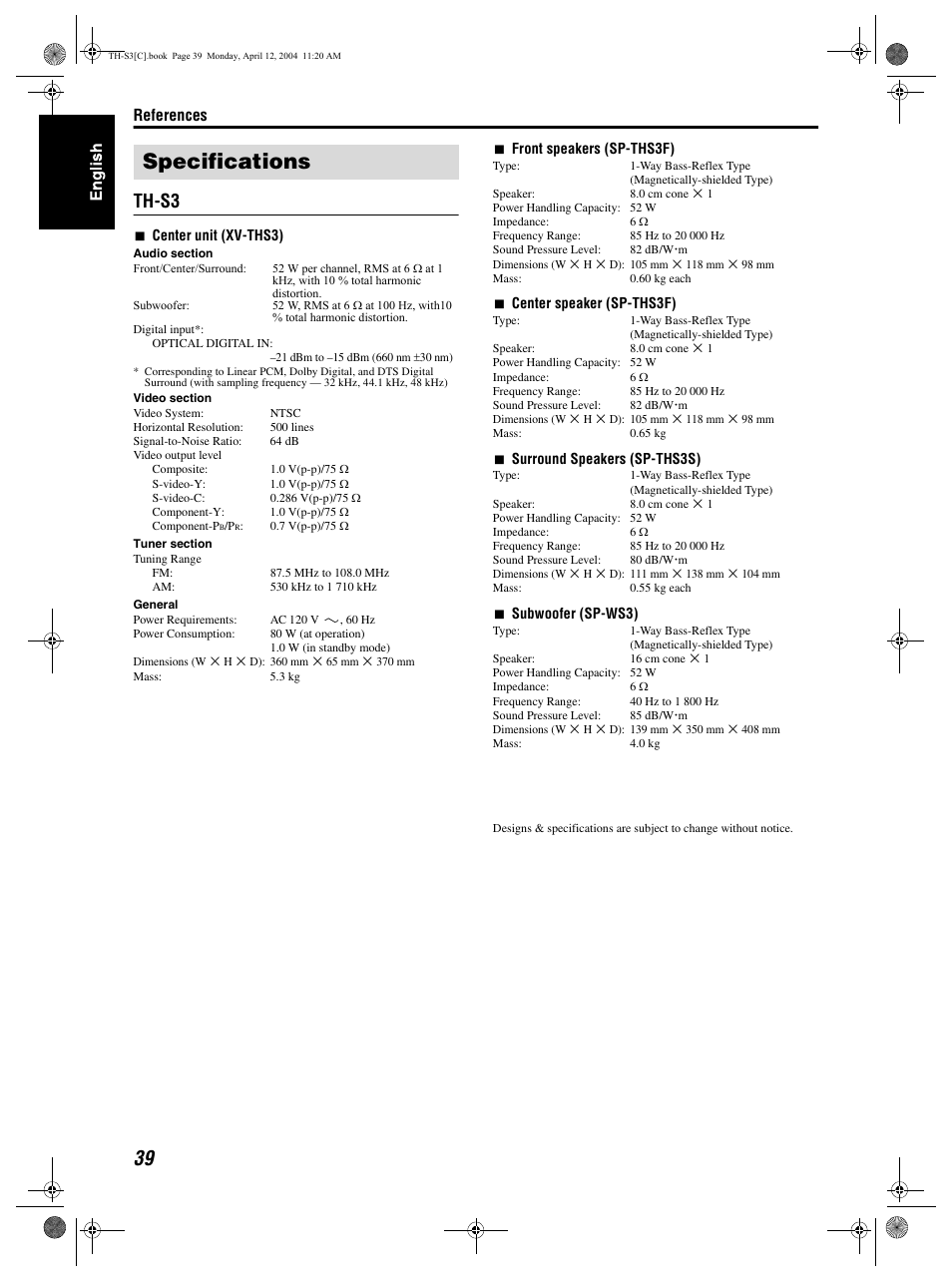 Specifications, Th-s3, References | JVC TH-S2 User Manual | Page 42 / 44