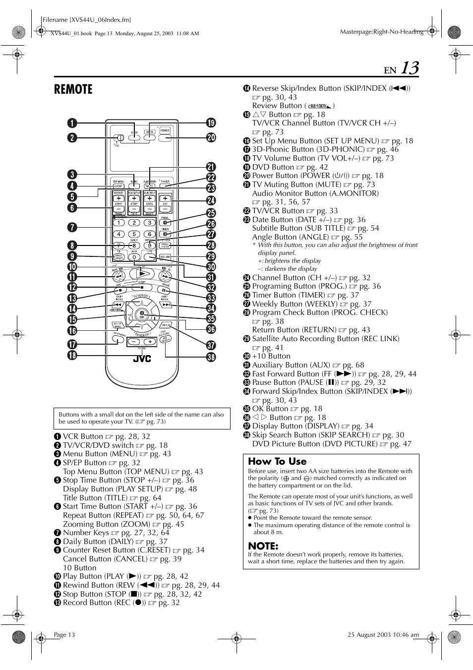 Remote, How to use | JVC HR-XVS44U User Manual | Page 13 / 96