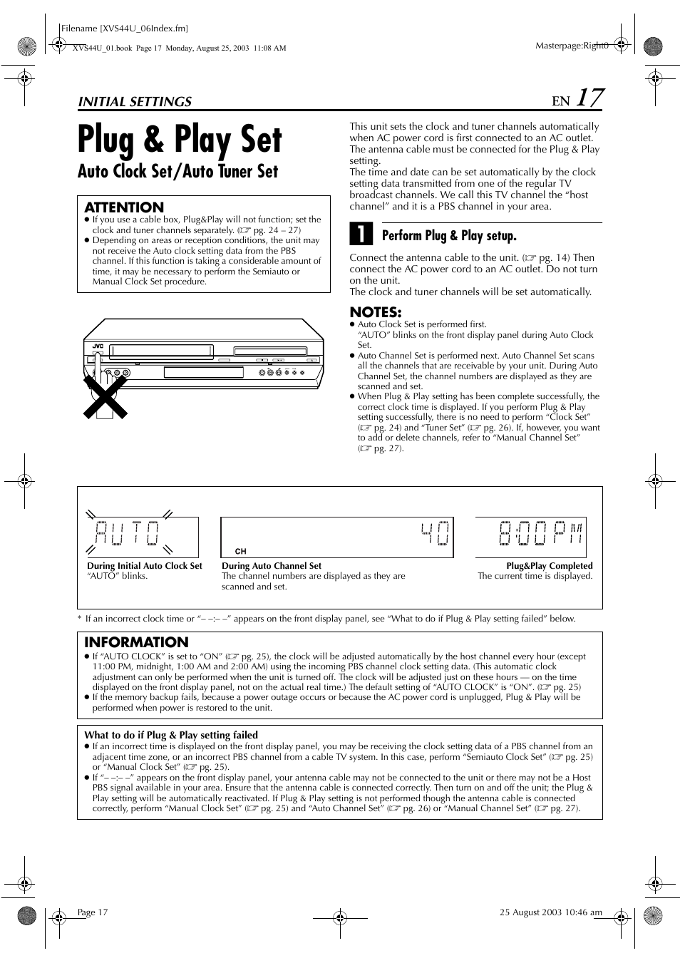 Plug & play set, Auto clock set/auto tuner set, Initial settings | Perform plug & play setup, Attention, Information | JVC HR-XVS44U User Manual | Page 17 / 96