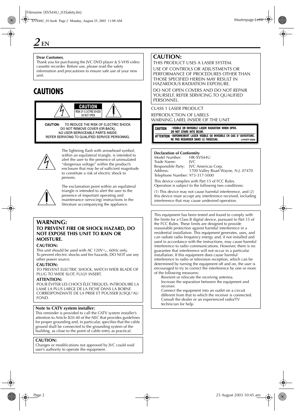 Cautions, Warning, Caution | JVC HR-XVS44U User Manual | Page 2 / 96