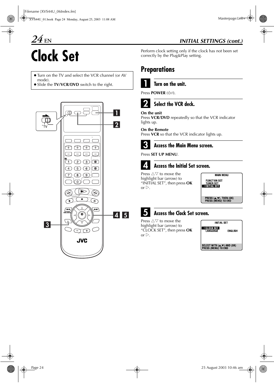Clock set, Preparations | JVC HR-XVS44U User Manual | Page 24 / 96